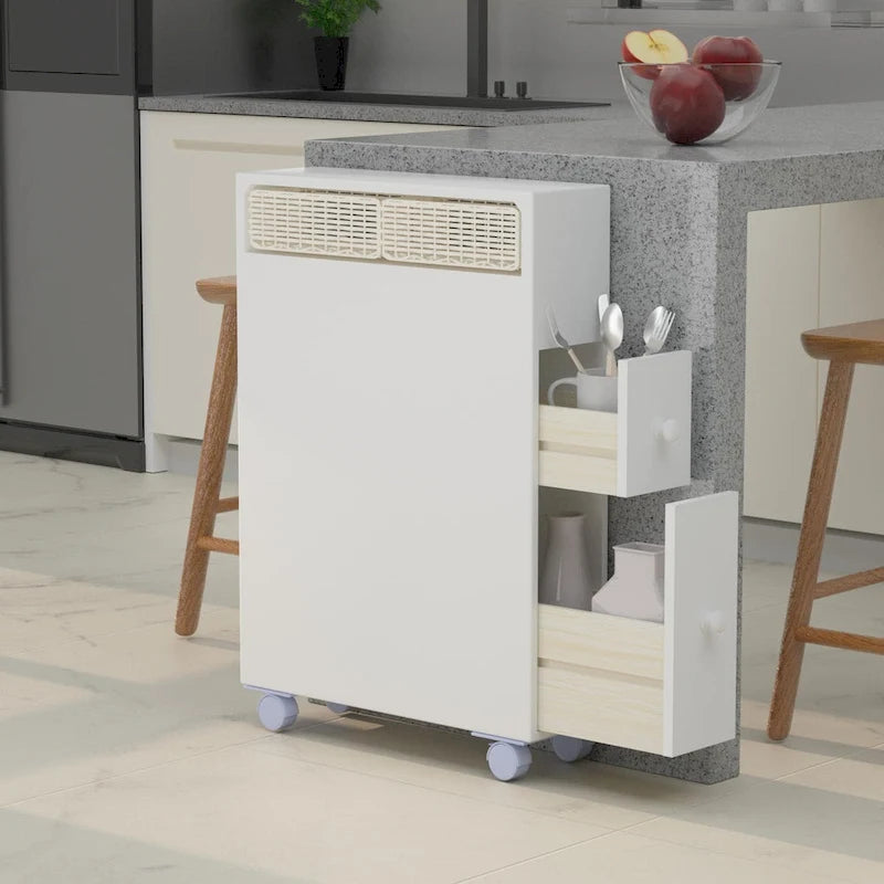 White Painted Slide-Out Floor Cabinet with Drawers, 1-Person Use
