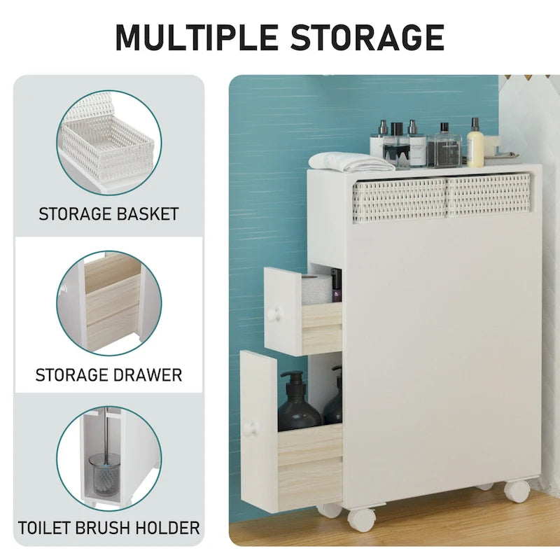 White Painted Slide-Out Floor Cabinet with Drawers, 1-Person Use