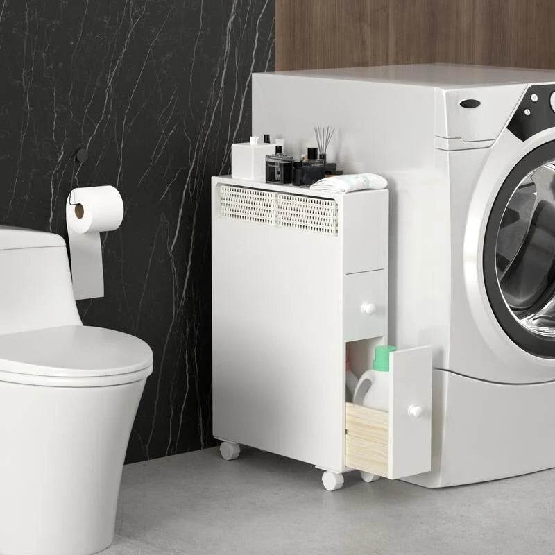 White Painted Slide-Out Floor Cabinet with Drawers, 1-Person Use