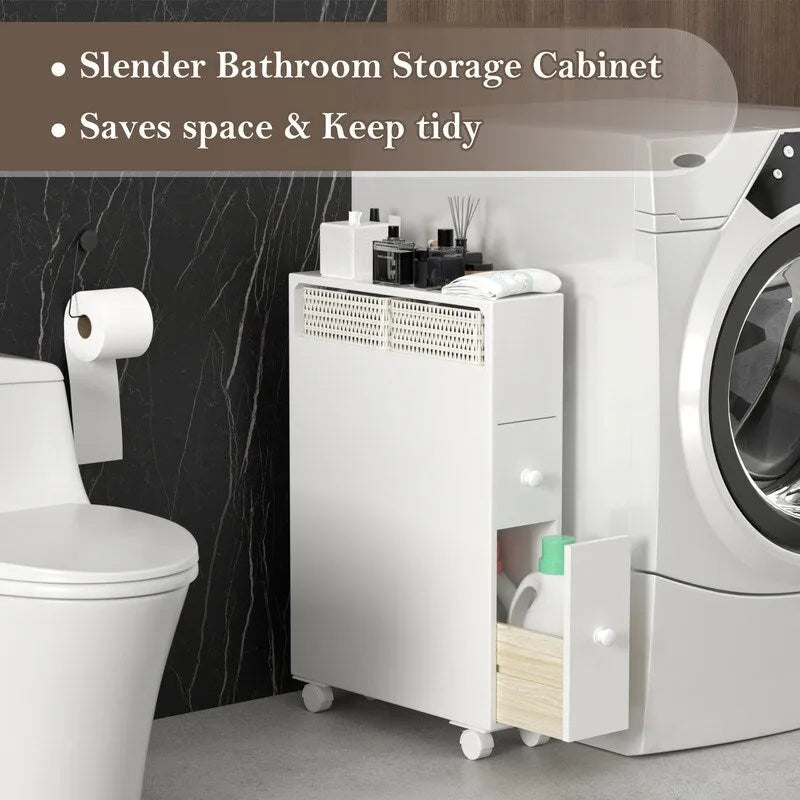White Painted Slide-Out Floor Cabinet with Drawers, 1-Person Use