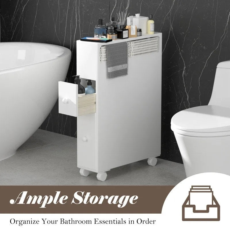 White Painted Slide-Out Floor Cabinet with Drawers, 1-Person Use