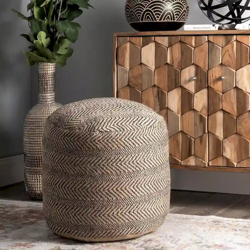 Natural Chevron Braided Jute Ottoman Pouf – Single Seat