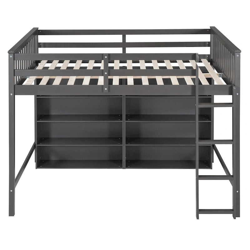 Gray Full Size Loft Bed with 8 Open Shelves & Built-in Ladder, 1-Person