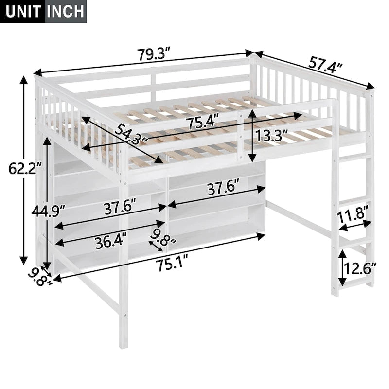 Gray Full Size Loft Bed with 8 Open Shelves & Built-in Ladder, 1-Person
