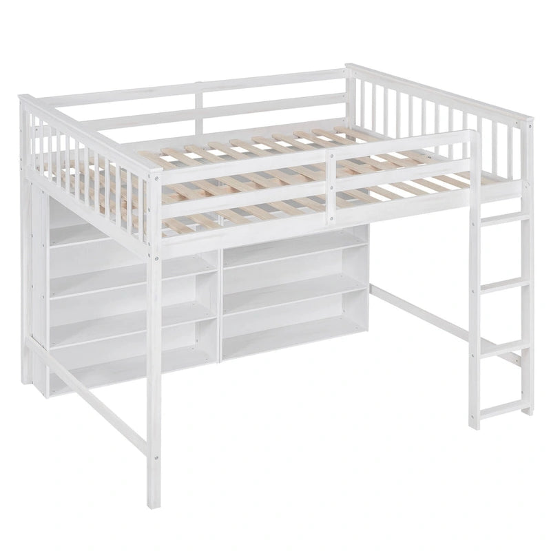Gray Full Size Loft Bed with 8 Open Shelves & Built-in Ladder, 1-Person