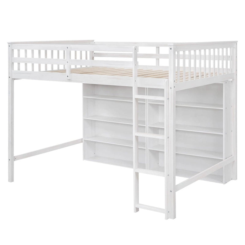 Gray Full Size Loft Bed with 8 Open Shelves & Built-in Ladder, 1-Person