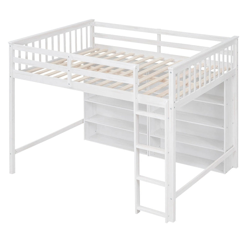 Gray Full Size Loft Bed with 8 Open Shelves & Built-in Ladder, 1-Person