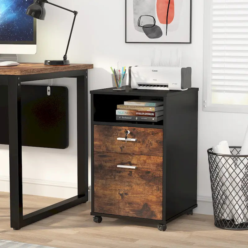 2-Drawer Mobile File Cabinet with Lock & Printer Stand – Rustic Brown / Black