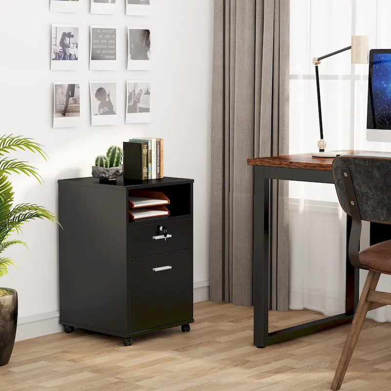2-Drawer Mobile File Cabinet with Lock & Printer Stand – Rustic Brown / Black