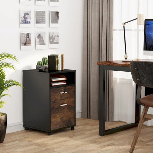 2-Drawer Mobile File Cabinet with Lock & Printer Stand – Rustic Brown / Black
