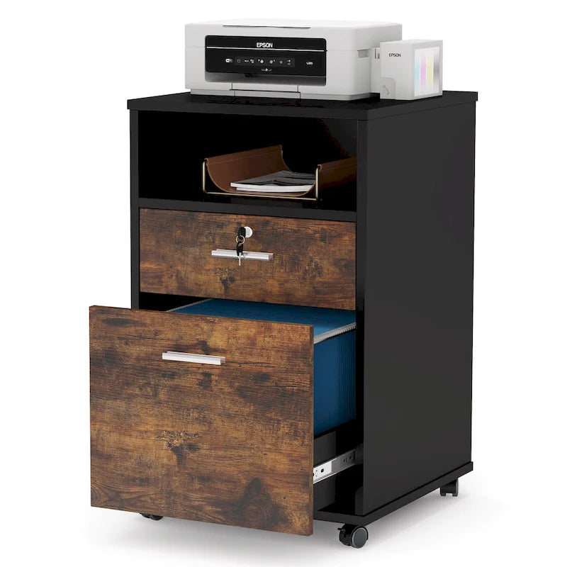 2-Drawer Mobile File Cabinet with Lock & Printer Stand – Rustic Brown / Black