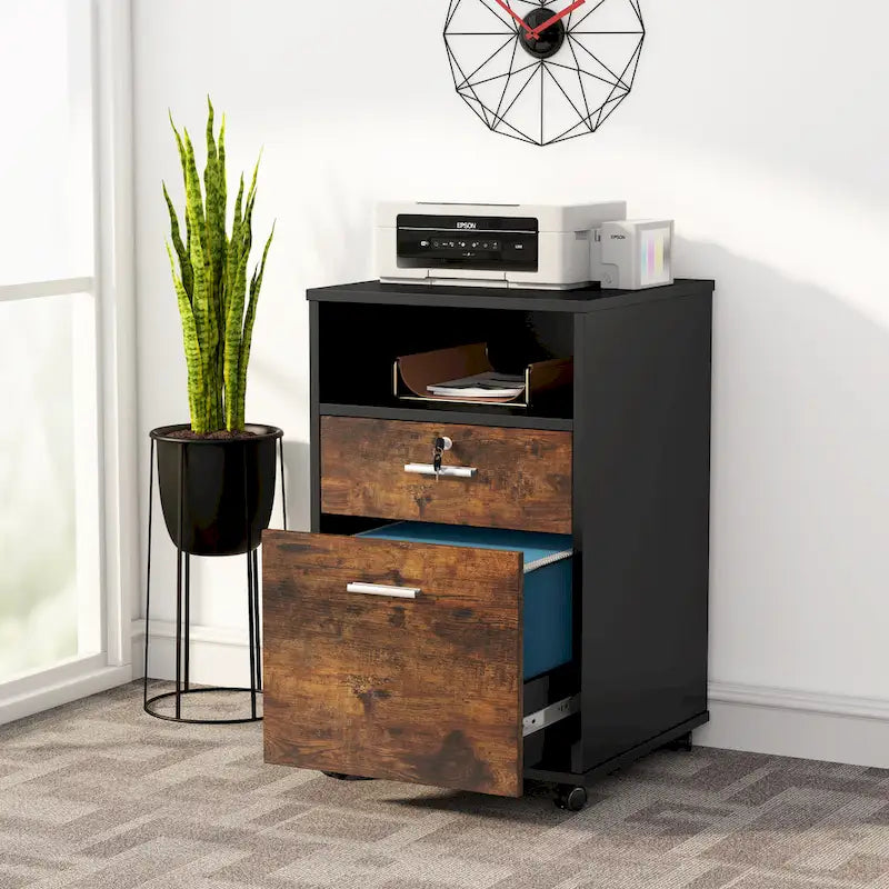 2-Drawer Mobile File Cabinet with Lock & Printer Stand – Rustic Brown / Black