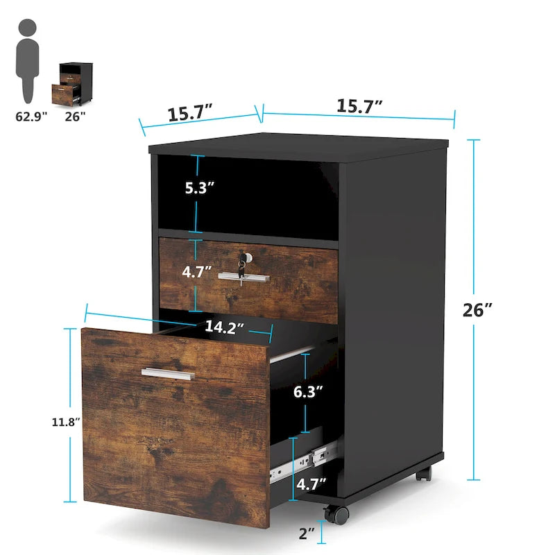 2-Drawer Mobile File Cabinet with Lock & Printer Stand – Rustic Brown / Black