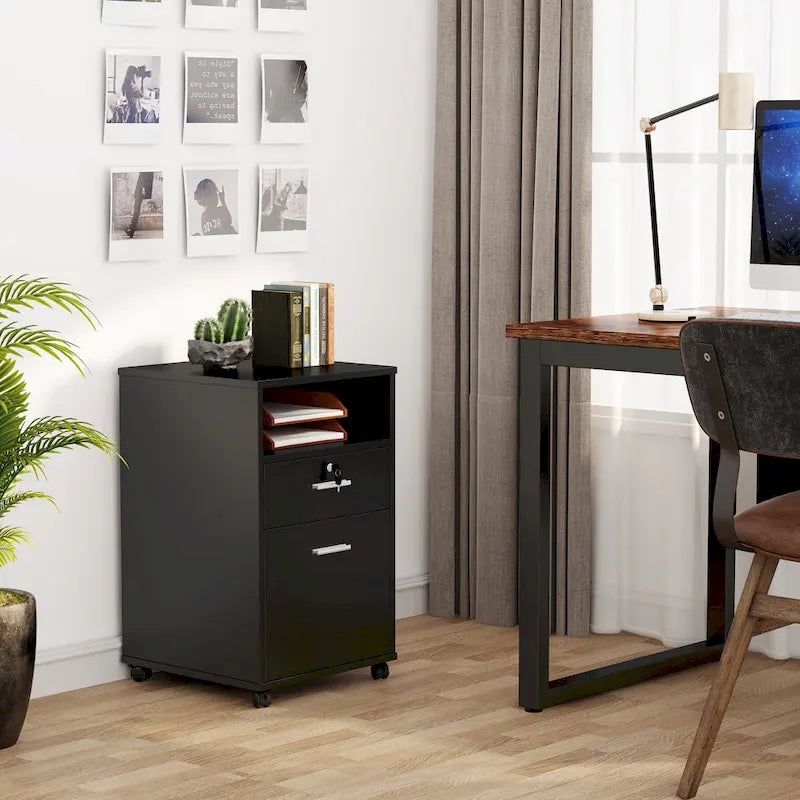 2-Drawer Mobile File Cabinet with Lock & Printer Stand – Rustic Brown / Black