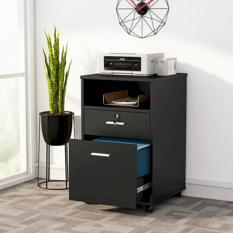 2-Drawer Mobile File Cabinet with Lock & Printer Stand – Rustic Brown / Black
