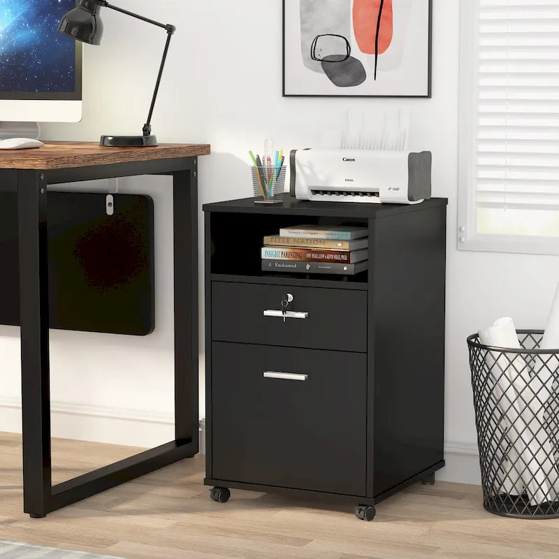 2-Drawer Mobile File Cabinet with Lock & Printer Stand – Rustic Brown / Black