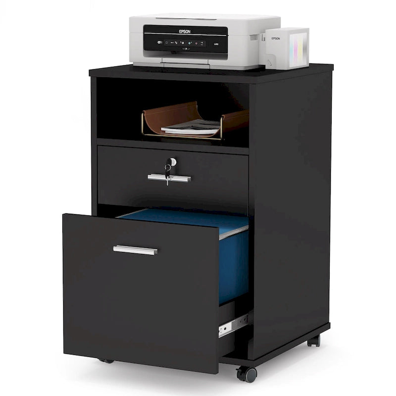 2-Drawer Mobile File Cabinet with Lock & Printer Stand – Rustic Brown / Black