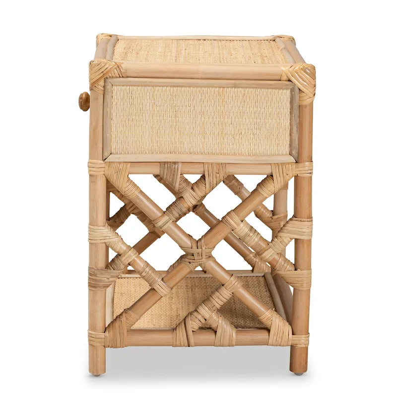 Natural Brown Rattan Single-Drawer Nightstand, Bohemian Style, 1-Person Use