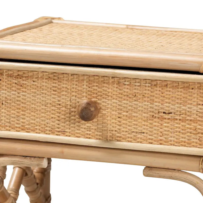 Natural Brown Rattan Single-Drawer Nightstand, Bohemian Style, 1-Person Use