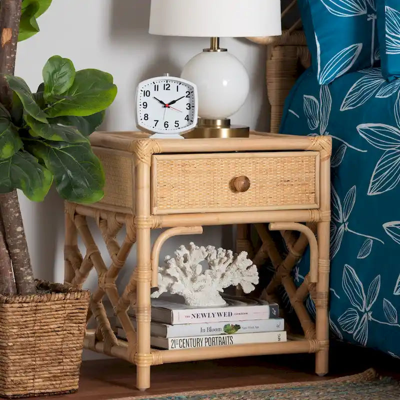 Natural Brown Rattan Single-Drawer Nightstand, Bohemian Style, 1-Person Use