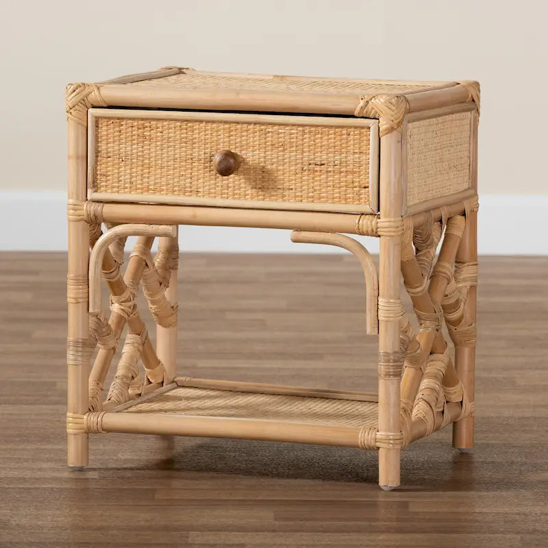 Natural Brown Rattan Single-Drawer Nightstand, Bohemian Style, 1-Person Use