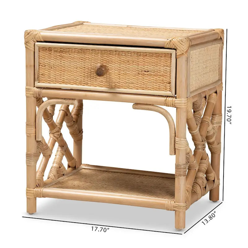 Natural Brown Rattan Single-Drawer Nightstand, Bohemian Style, 1-Person Use