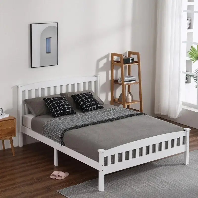 Wood / White / Grey Platform Bed with Headboard – Twin / Full / Queen