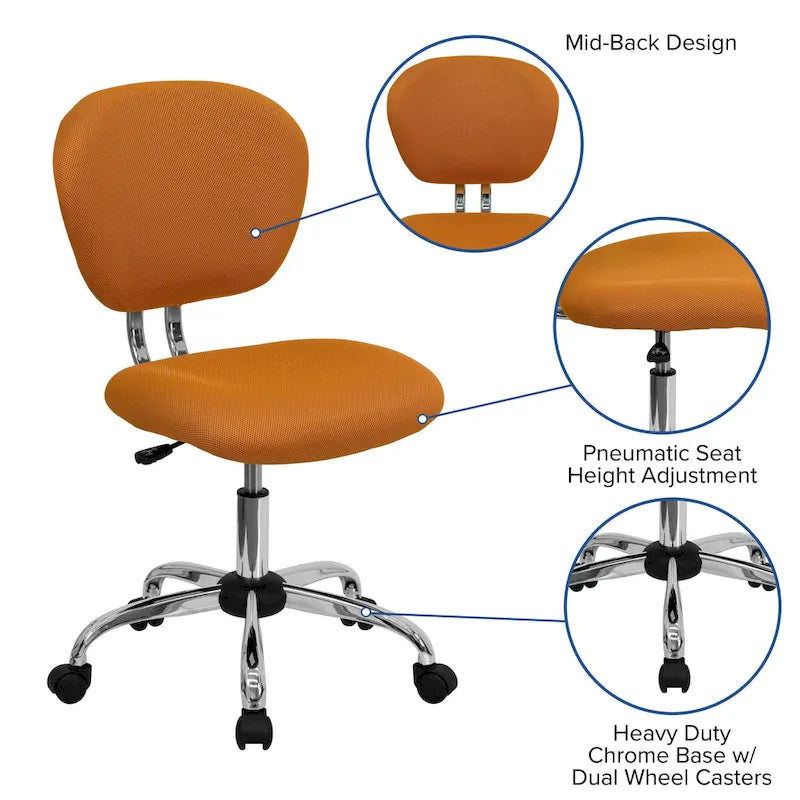 Multi-Color Armless Mid-Back Mesh Swivel Task Chair | Single-Person