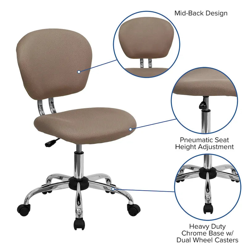 Multi-Color Armless Mid-Back Mesh Swivel Task Chair | Single-Person