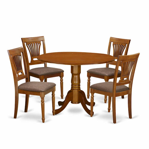 5-Piece Round Dropleaf Dining Set, Saddle Brown, Seats 4
