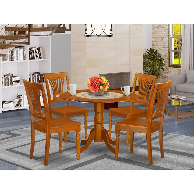 5-Piece Round Dropleaf Dining Set, Saddle Brown, Seats 4