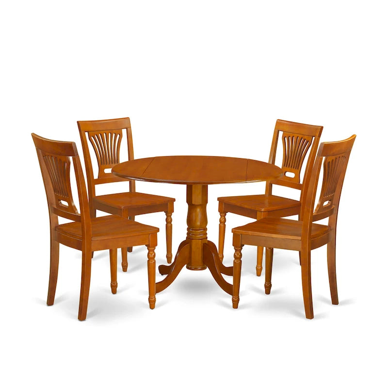 5-Piece Round Dropleaf Dining Set, Saddle Brown, Seats 4