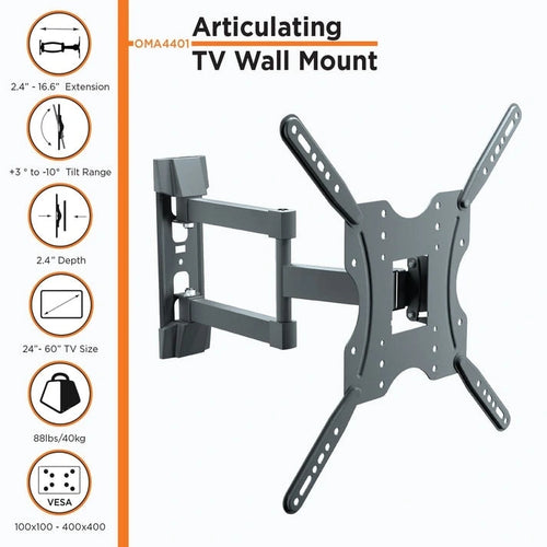 Black Full Motion TV Wall Mount for 24"-60" – Single Stud, 1 TV