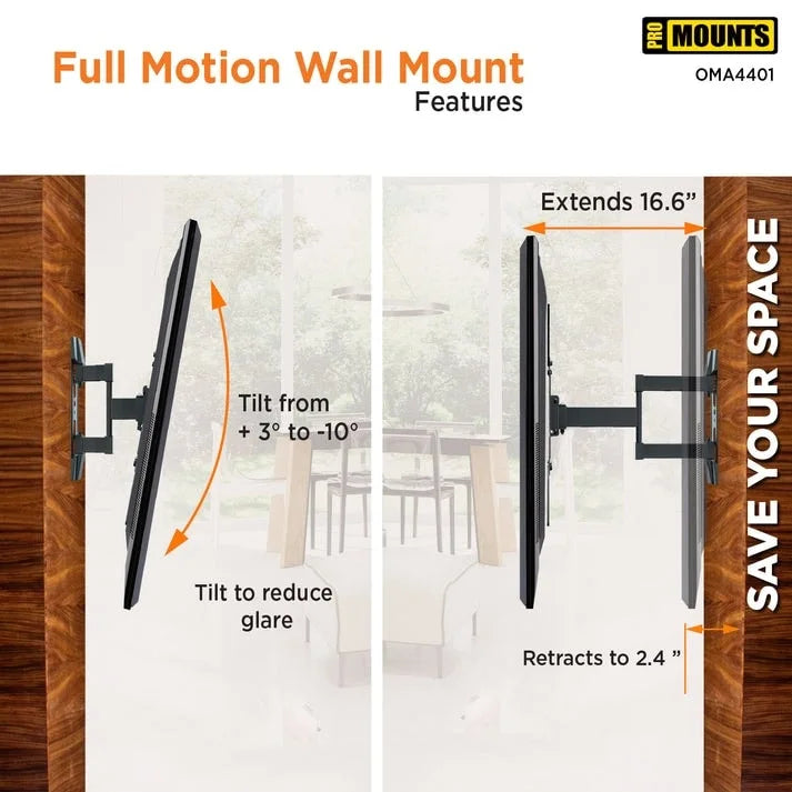 Black Full Motion TV Wall Mount for 24"-60" – Single Stud, 1 TV