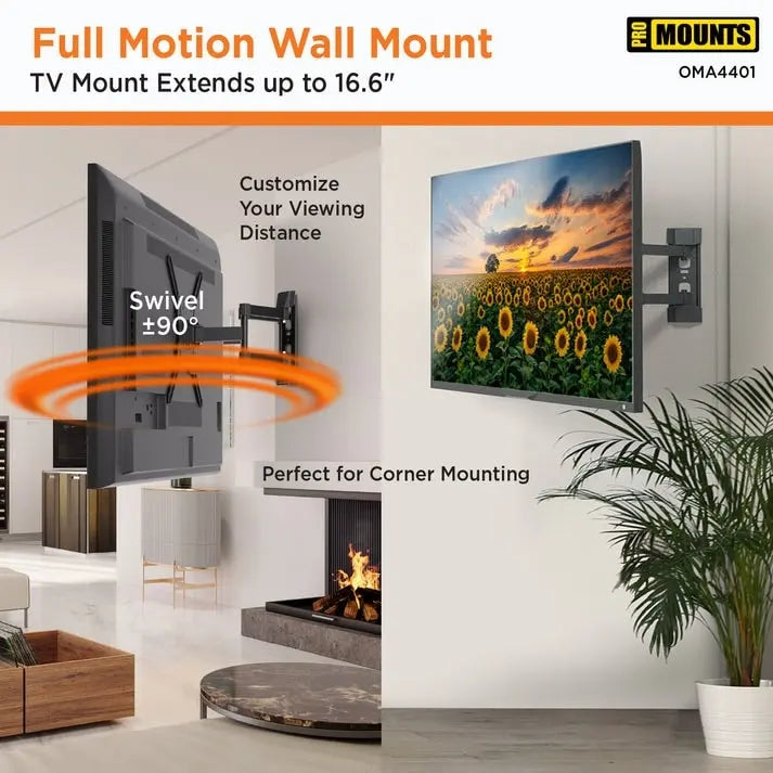 Black Full Motion TV Wall Mount for 24"-60" – Single Stud, 1 TV