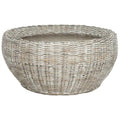 Grey / Brown Wicker & Wood Top Round Coffee Table | 35"W × 16"H | Seats 1–2