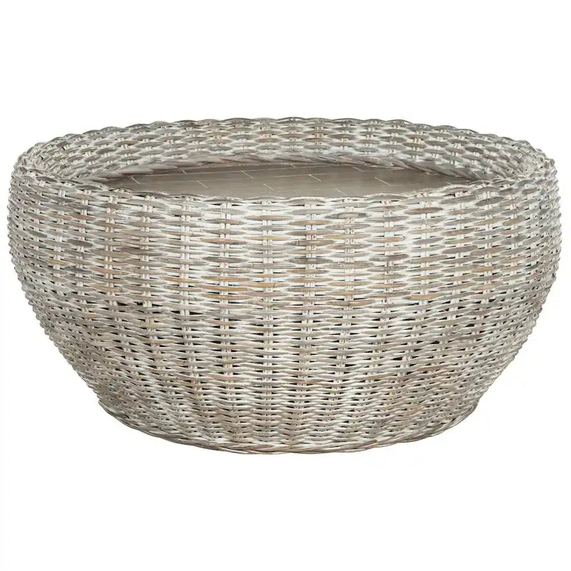 Grey / Brown Wicker & Wood Top Round Coffee Table | 35"W × 16"H | Seats 1–2