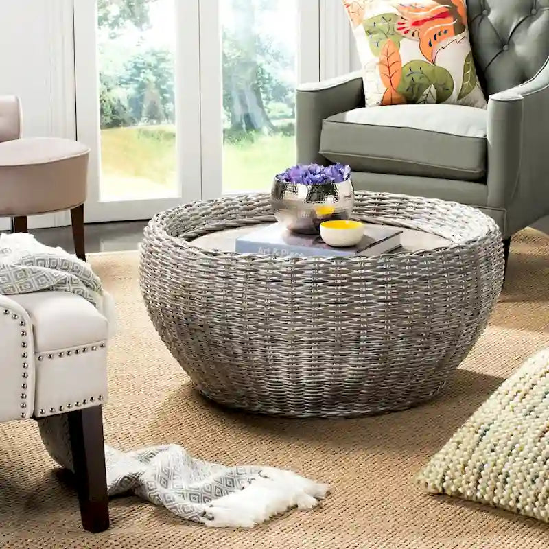 SAFAVIEH Alfia Wood Top Wicker Drum Coffee Table - 35.4 x 35.4 x 15.7 - 35Wx35Dx16H