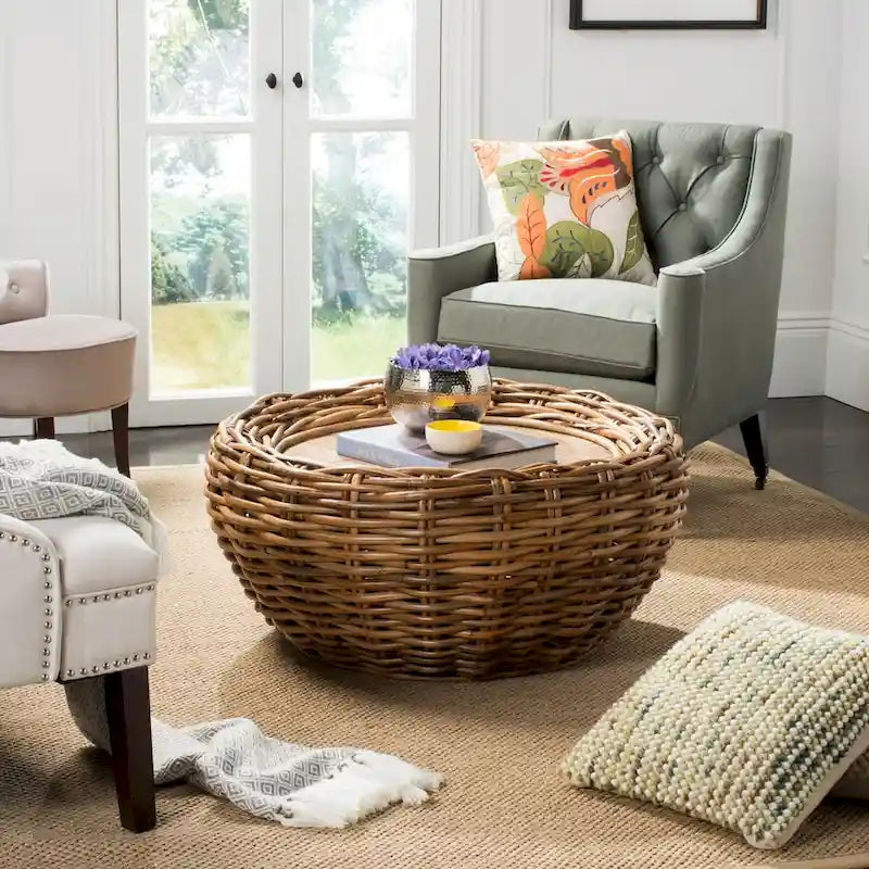 Grey / Brown Wicker & Wood Top Round Coffee Table | 35"W × 16"H | Seats 1–2