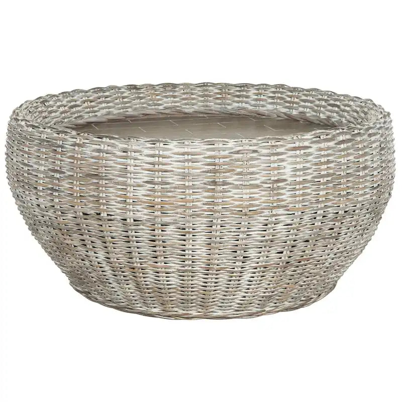 Grey / Brown Wicker & Wood Top Round Coffee Table | 35"W × 16"H | Seats 1–2