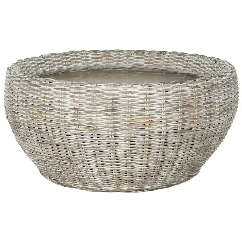 Grey / Brown Wicker & Wood Top Round Coffee Table | 35"W × 16"H | Seats 1–2