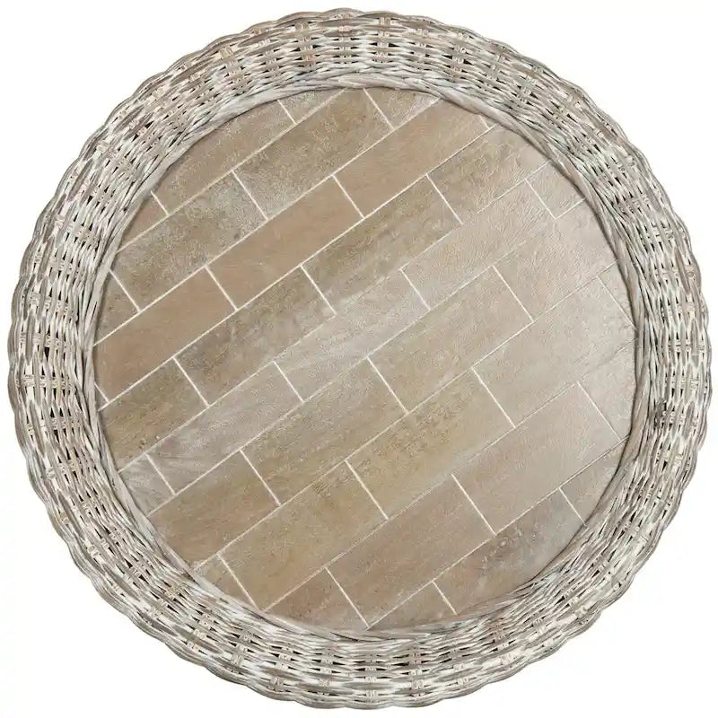 Grey / Brown Wicker & Wood Top Round Coffee Table | 35"W × 16"H | Seats 1–2