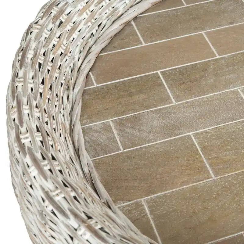 Grey / Brown Wicker & Wood Top Round Coffee Table | 35"W × 16"H | Seats 1–2