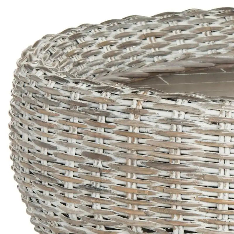 Grey / Brown Wicker & Wood Top Round Coffee Table | 35"W × 16"H | Seats 1–2