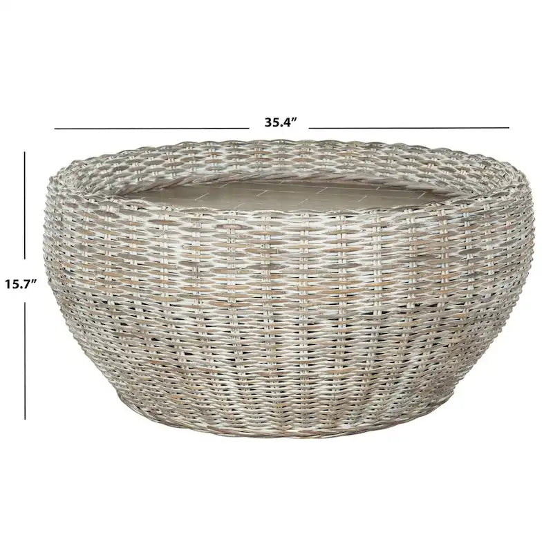 Grey / Brown Wicker & Wood Top Round Coffee Table | 35"W × 16"H | Seats 1–2