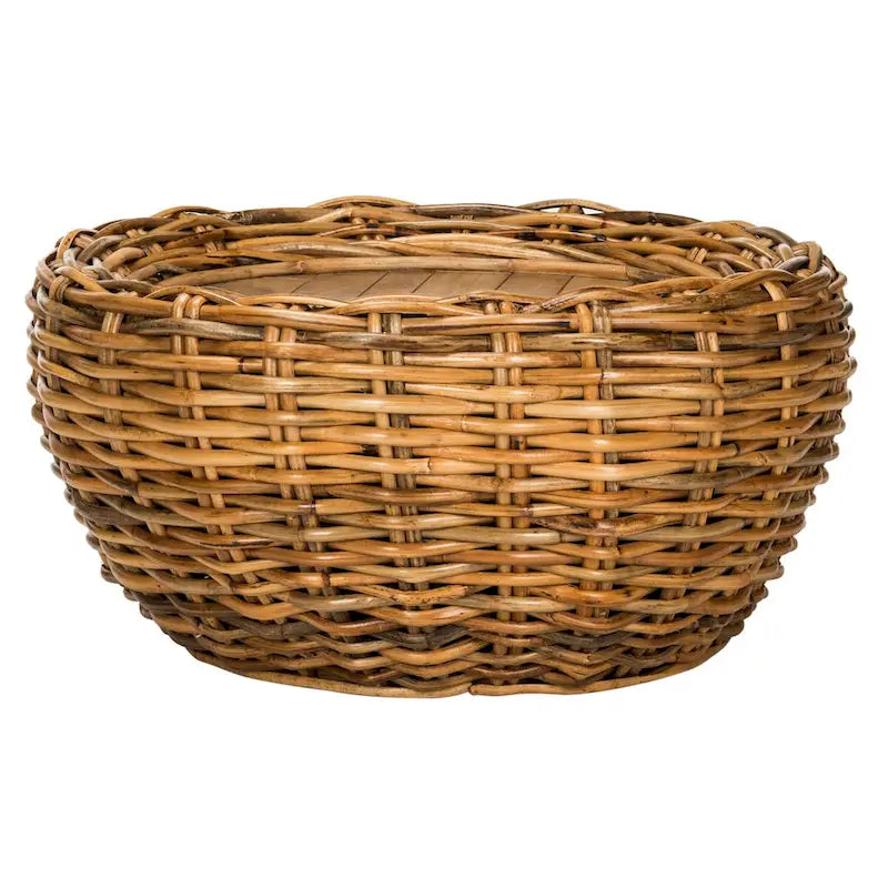 Grey / Brown Wicker & Wood Top Round Coffee Table | 35"W × 16"H | Seats 1–2