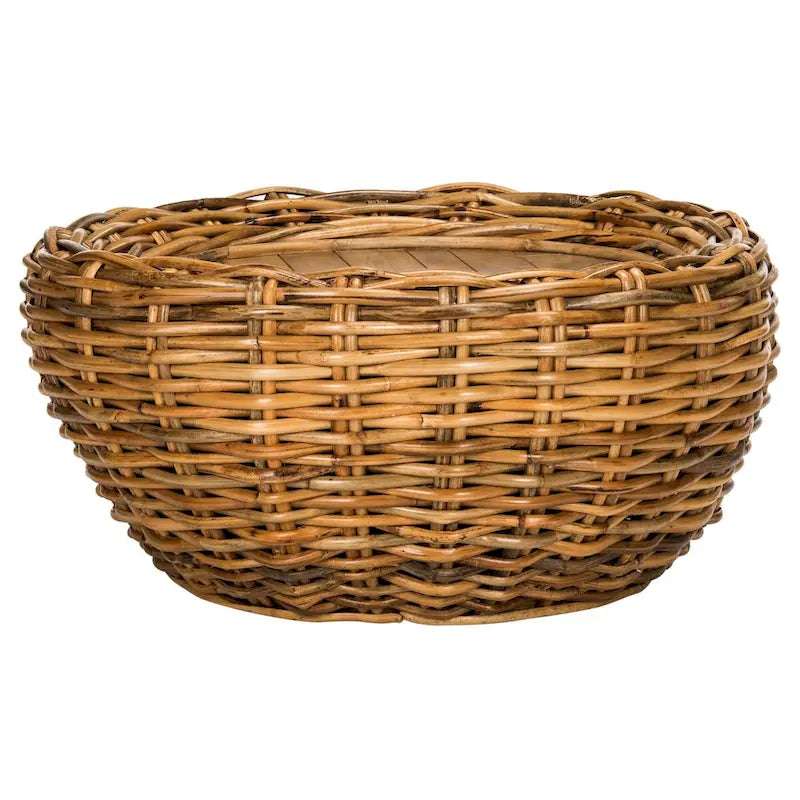 Grey / Brown Wicker & Wood Top Round Coffee Table | 35"W × 16"H | Seats 1–2