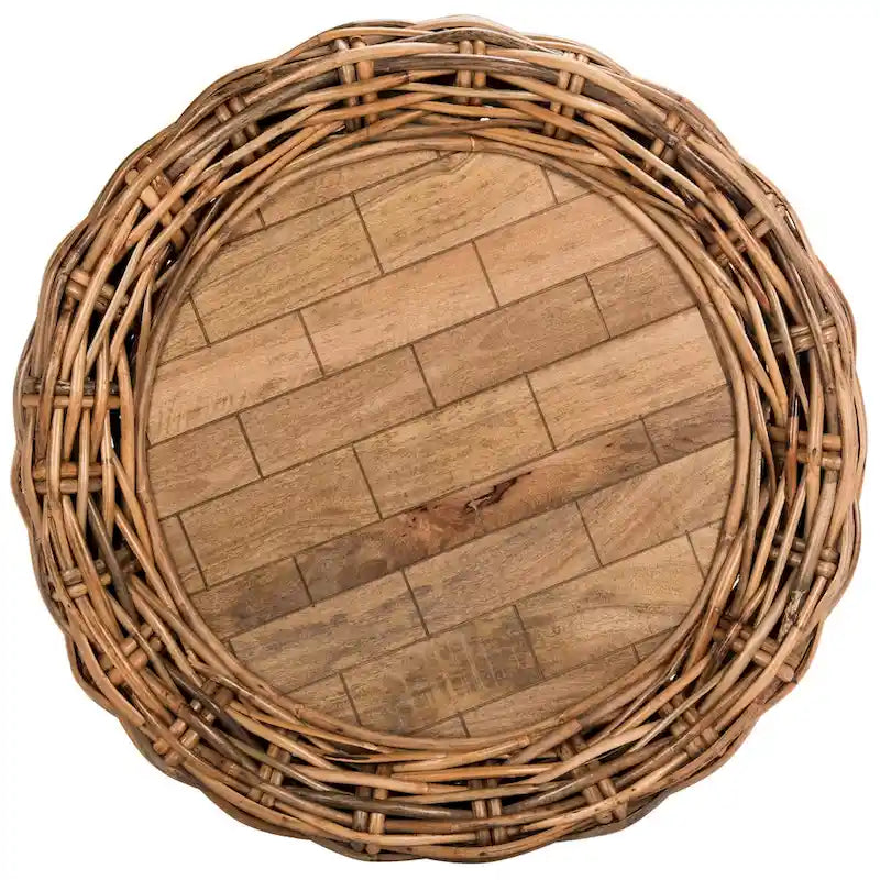 Grey / Brown Wicker & Wood Top Round Coffee Table | 35"W × 16"H | Seats 1–2
