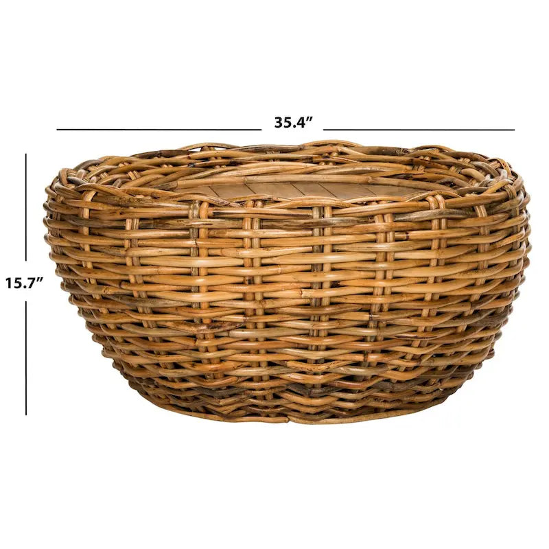 Grey / Brown Wicker & Wood Top Round Coffee Table | 35"W × 16"H | Seats 1–2
