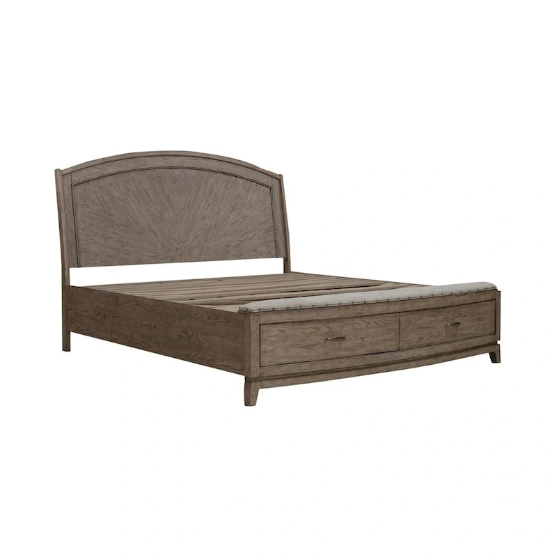 Burnished Beige Oak Panel Storage Bed with Upholstered Bench - King / Queen